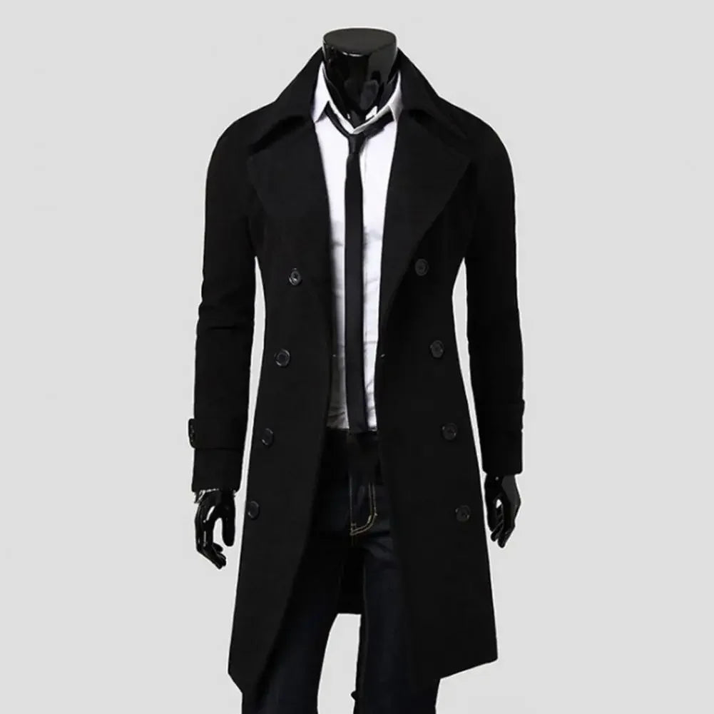 Black men's MLSJSHIQI double-breasted winter gabardine coat, warm casual outerwear, stylish and suitable for cold weather.