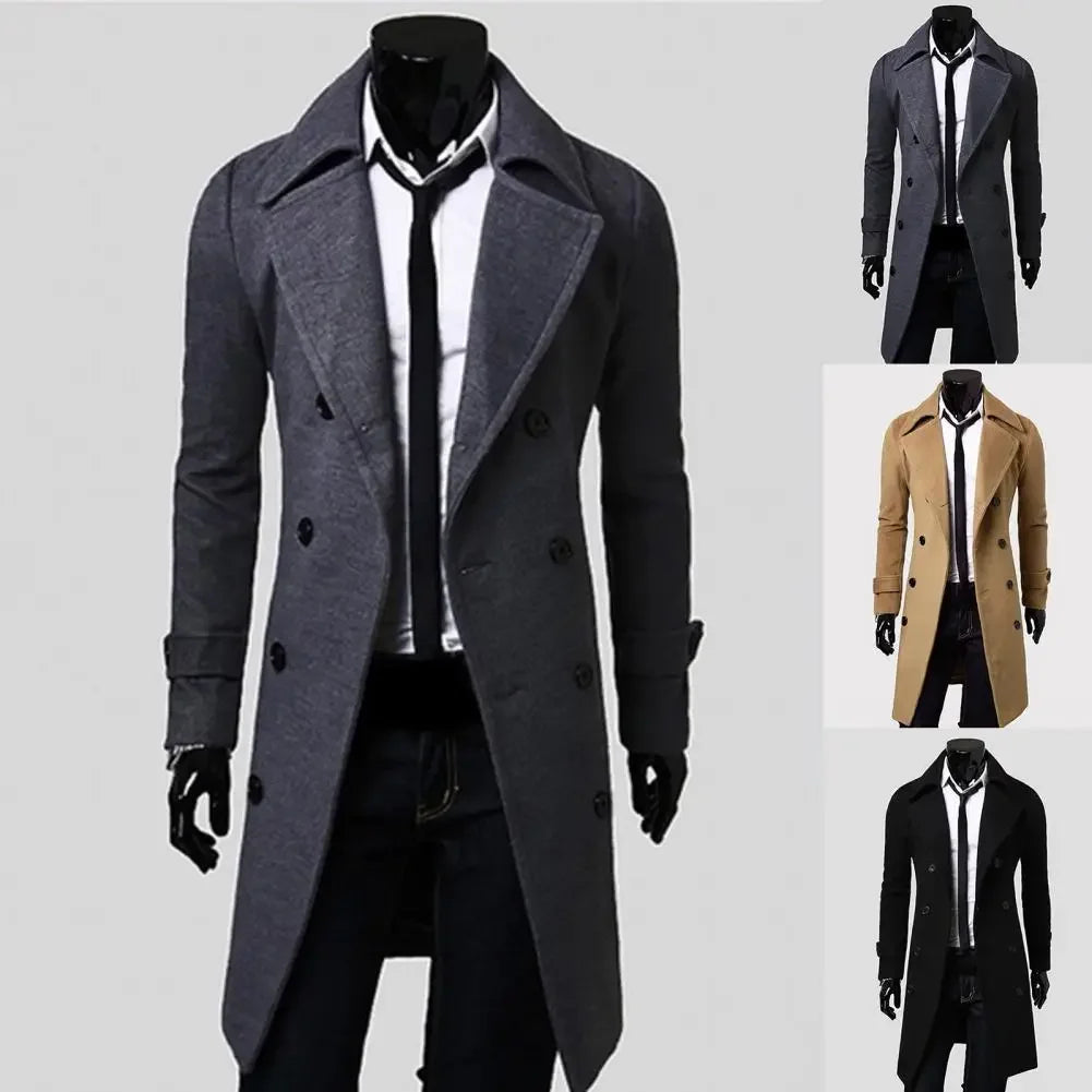 Black men's MLSJSHIQI winter gabardina with double button closure, warm casual coat, suitable for cold weather.