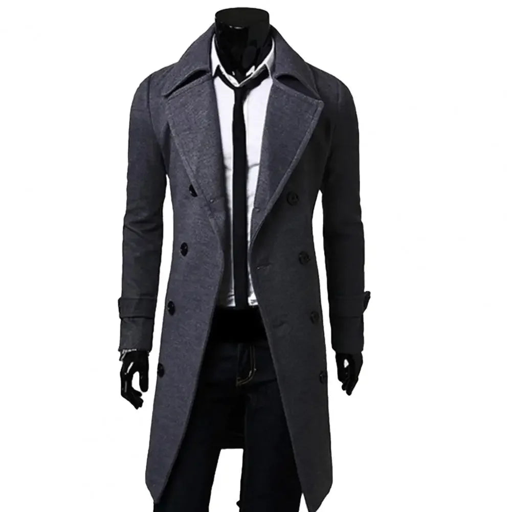 MLSJSHIQI men's black wool gabardine coat with double button closure, warm and casual for winter, stylish men's outerwear.