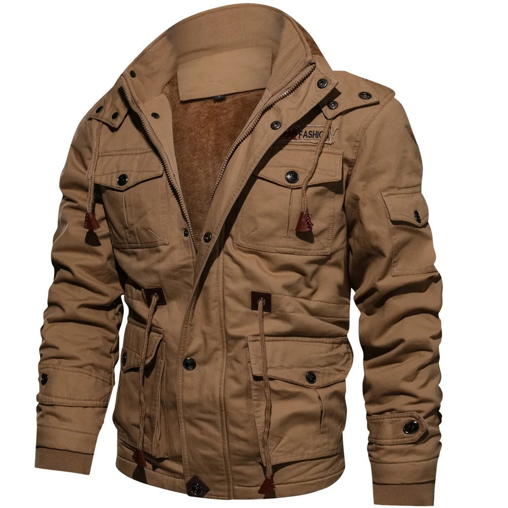 NITWHD men's winter cargo jacket in army green with multiple pockets, polar lining, military style, and oversized fit.