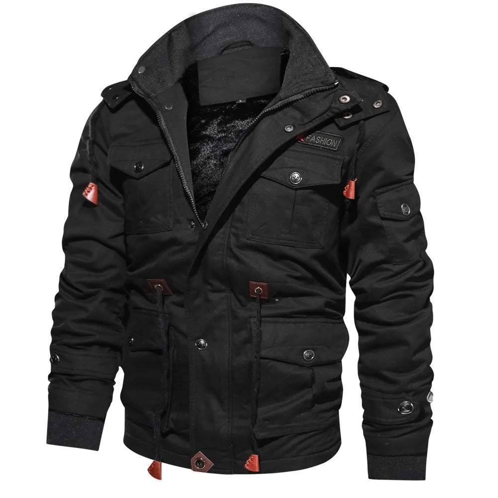 Men's winter cargo jacket by NITWHD in army green with multiple pockets, polar lining, and military-inspired design.