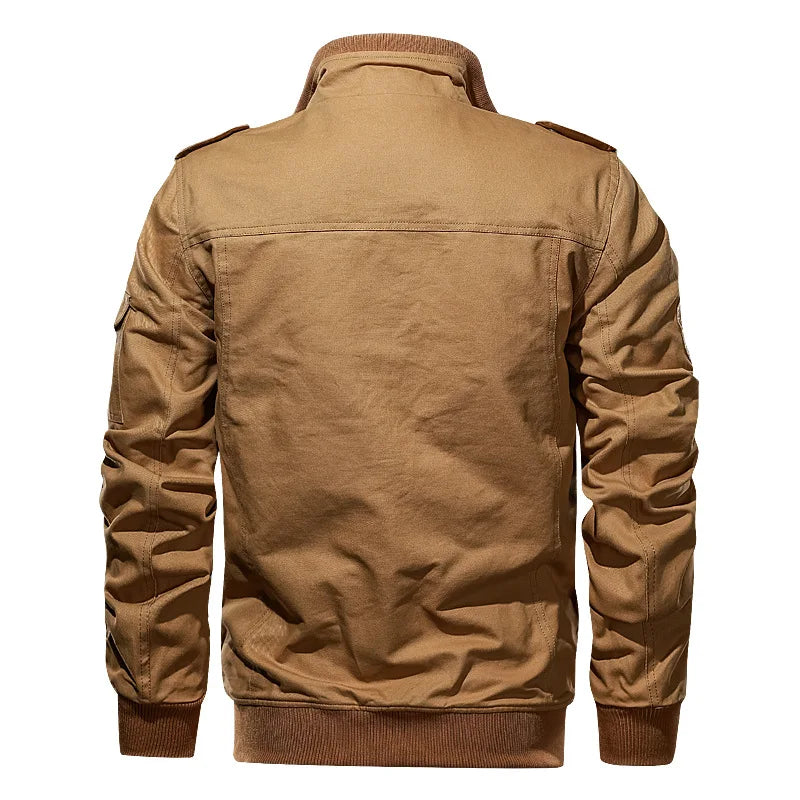 Men's NITWHD cargo jacket in khaki with military style, multiple pockets, and zipper closure, suitable for fall outdoor wear.