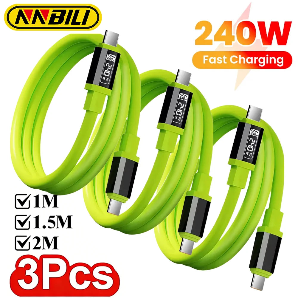 NNBILI 240W USB C fast charging cable for iPhone, Samsung, Xiaomi, shown with durable 2m length and reinforced connectors.