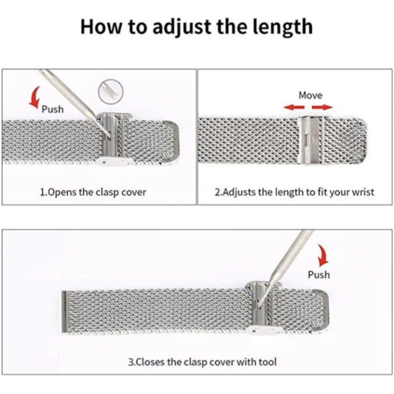 Silver Milan Loop watch strap in stainless steel with quick-release, 22/20mm size, compatible with various watch brands and styles.