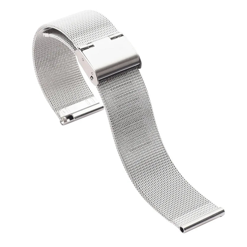 Stainless steel Milan Loop watch strap in silver, 22/20mm, with quick-release universal clasp for easy attachment.