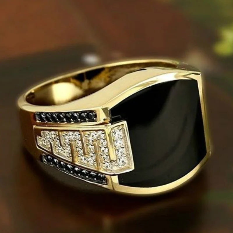Black stone men's punk ring with gold finish, featuring cubic zirconia, ideal for wedding or engagement jewelry.