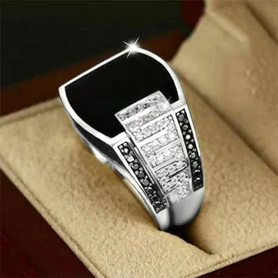 Black stone punk men's ring with gold plating, featuring cubic zirconia, suitable for wedding or commitment jewelry.