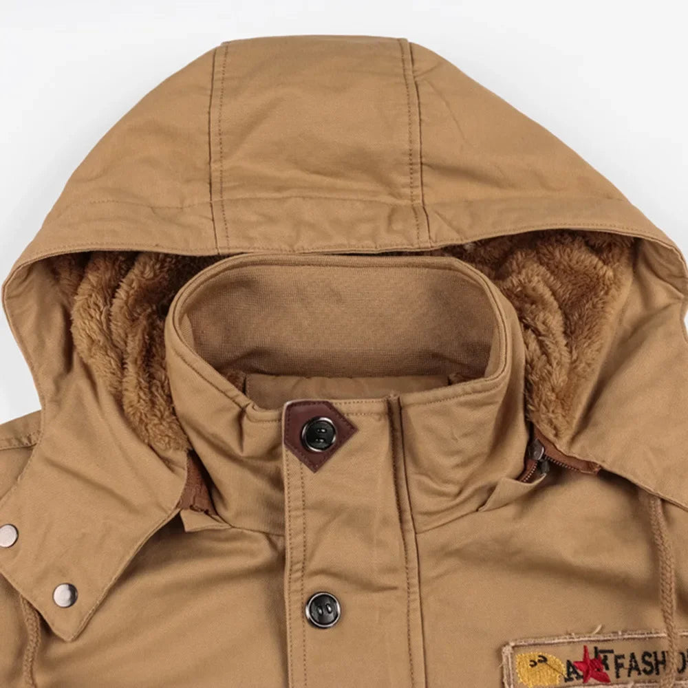 Men's military winter jacket in warm cotton cargo style, green color, size 6XL, suitable for cold weather and outdoor wear.