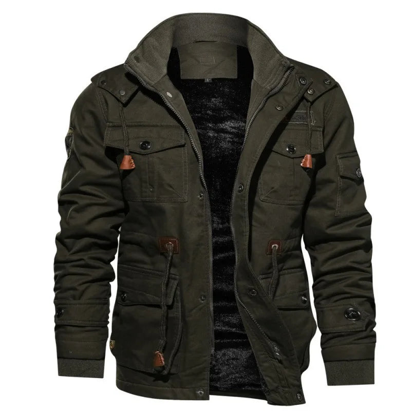 Green military winter jacket for men, warm cotton cargo coat in size 6XL, suitable for cold weather and outdoor wear.