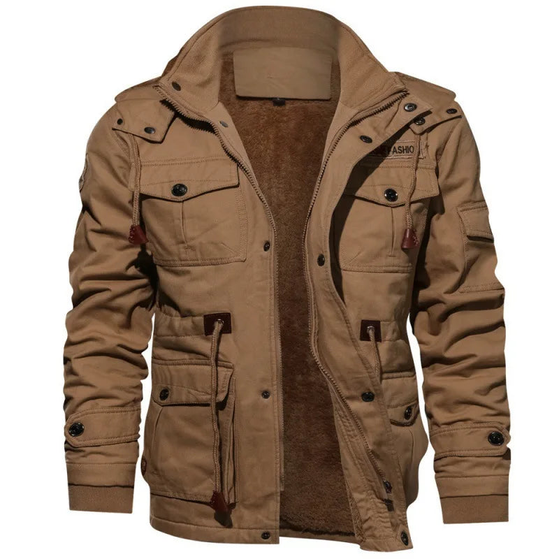 Military-style men's winter jacket in warm cotton, green cargo design, available in 6XL size, suitable for cold weather.