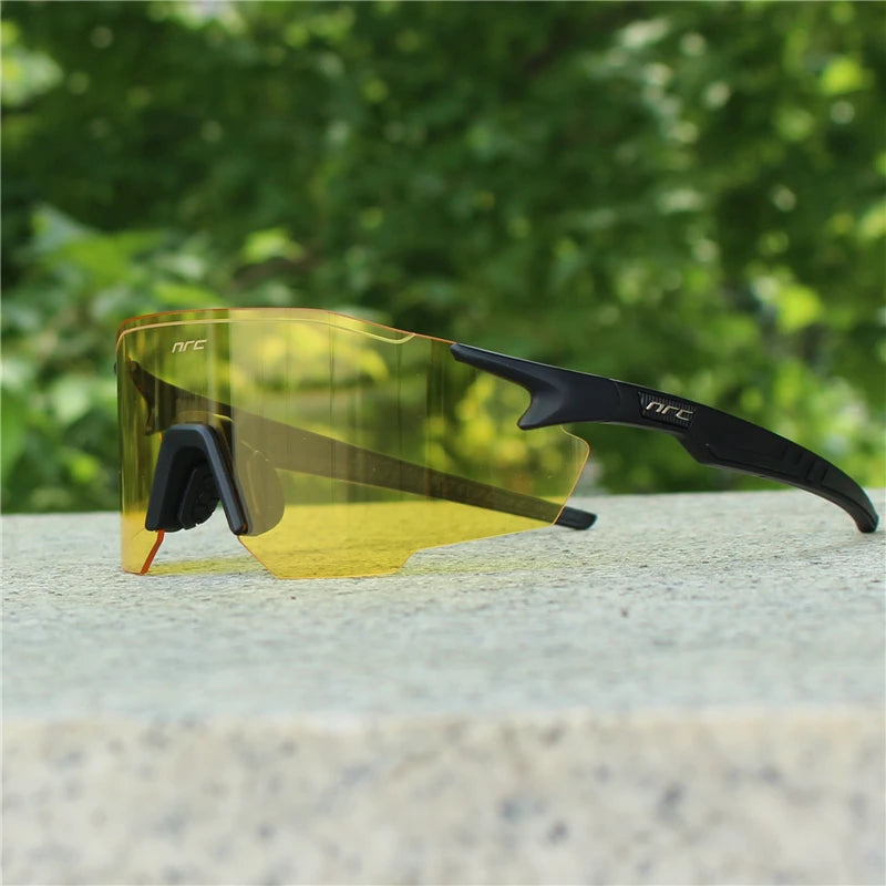 NRC UV400 TR90 sports cycling sunglasses with adjustable arm, black frame, and polarized lenses for MTB, fishing, and hiking.