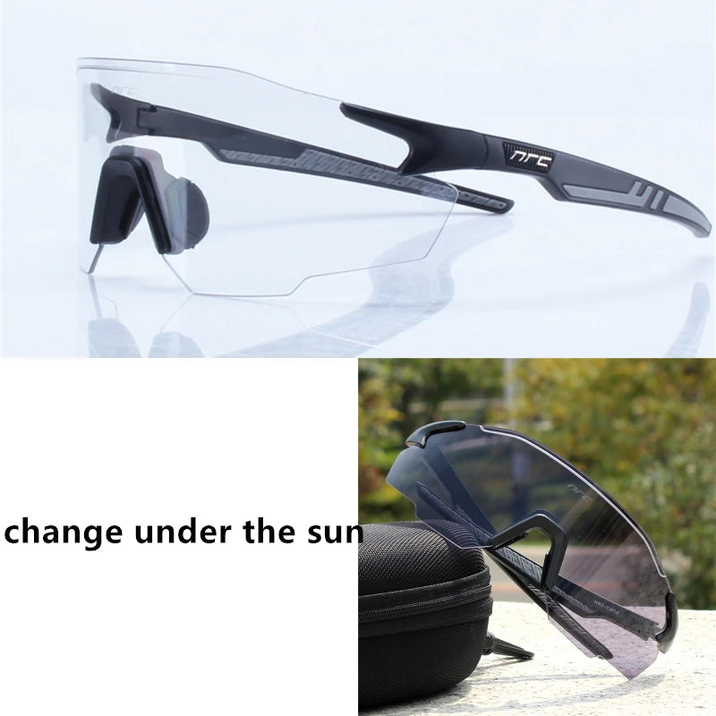 NRC UV400 TR90 cycling sunglasses with clear lenses, sporty design, suitable for MTB, fishing, and hiking outdoor activities.