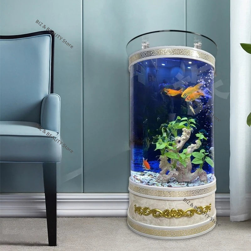 Large semicircular OAKCIA modern aquarium with auto-clean system, 50x50x138cm, ideal for home decor and aquatic life.