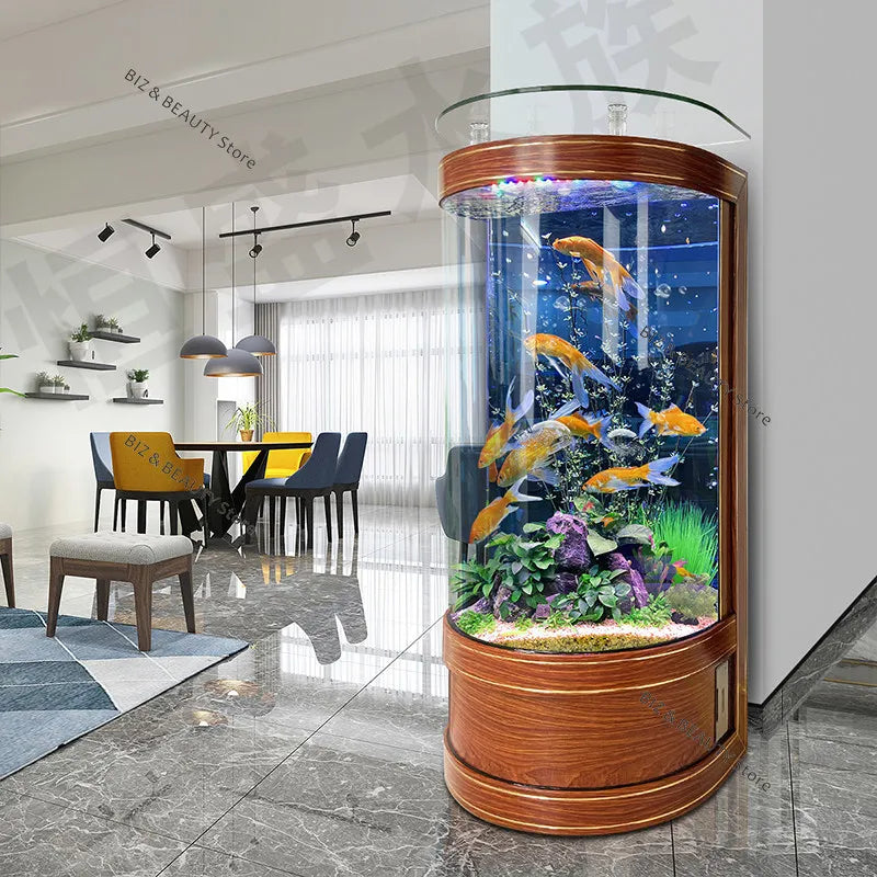 Large semicircular OAKCIA aquarium with self-cleaning features, modern home decor for aquatic environments, dimensions 50x50x138cm.
