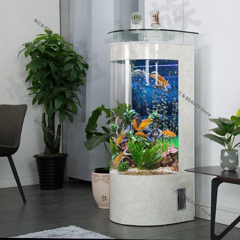 Large semicircular OAKCIA aquarium with auto-cleaning feature, modern home decor, 50x50x138cm, suitable for contemporary living spaces.