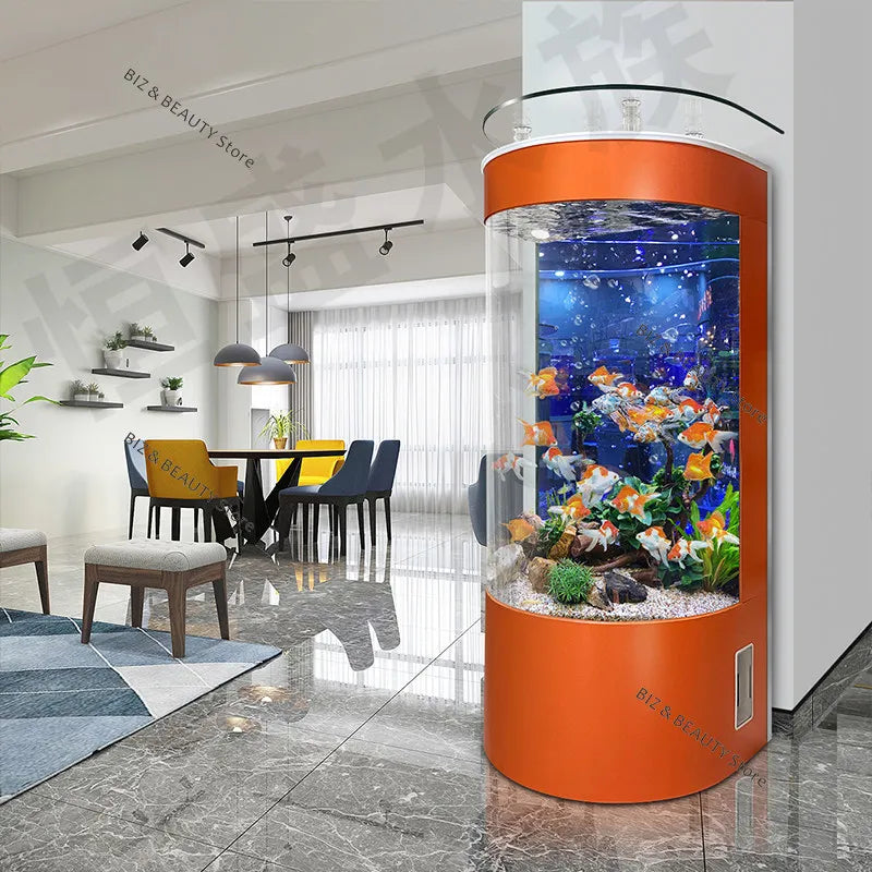 Large semicircular OAKCIA aquarium with modern design, auto-clean feature, perfect for home decor and aquatic display.
