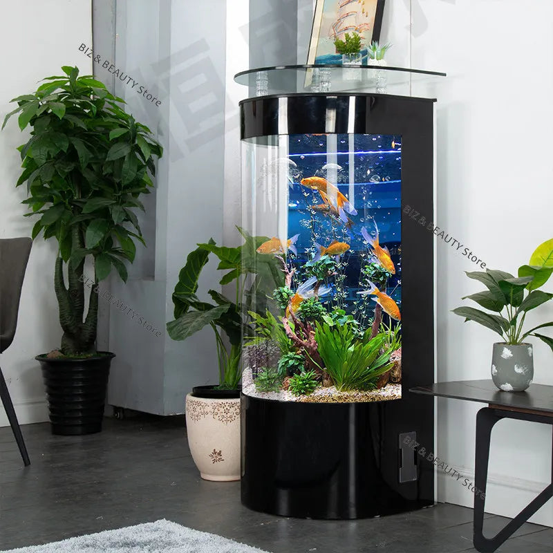 Large semicircular OAKCIA modern aquarium with auto-clean feature, ideal for home decor and aquatic display.