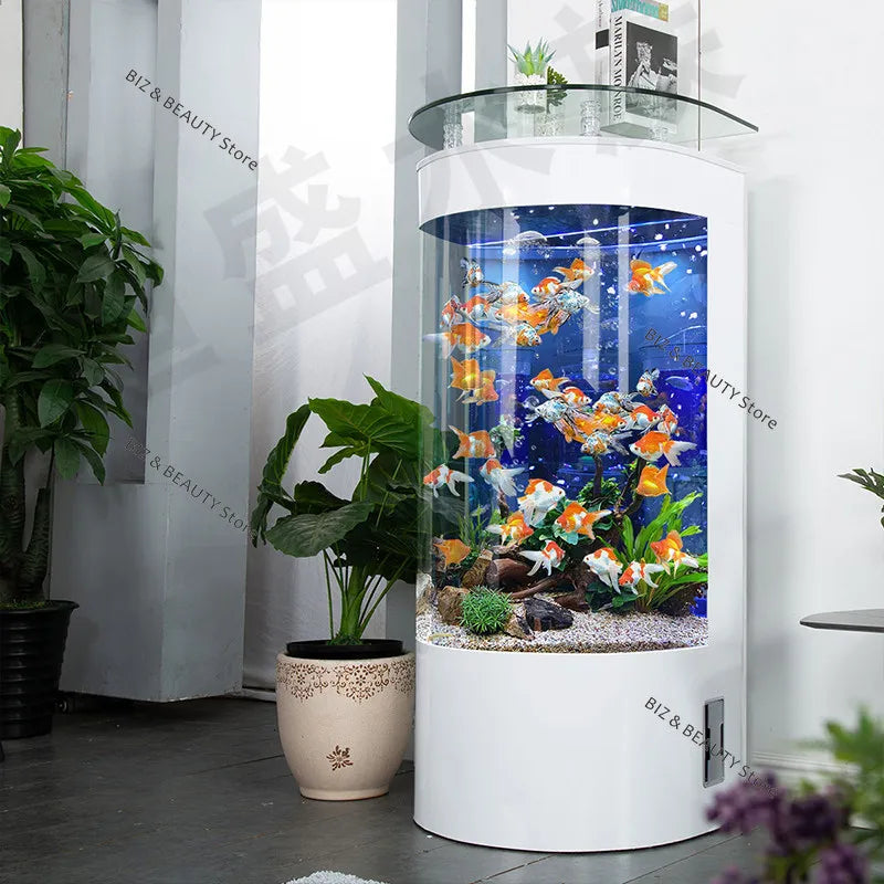 Large semicircular OAKCIA aquarium with modern design, auto-clean feature, ideal for home decor and aquatic environments.