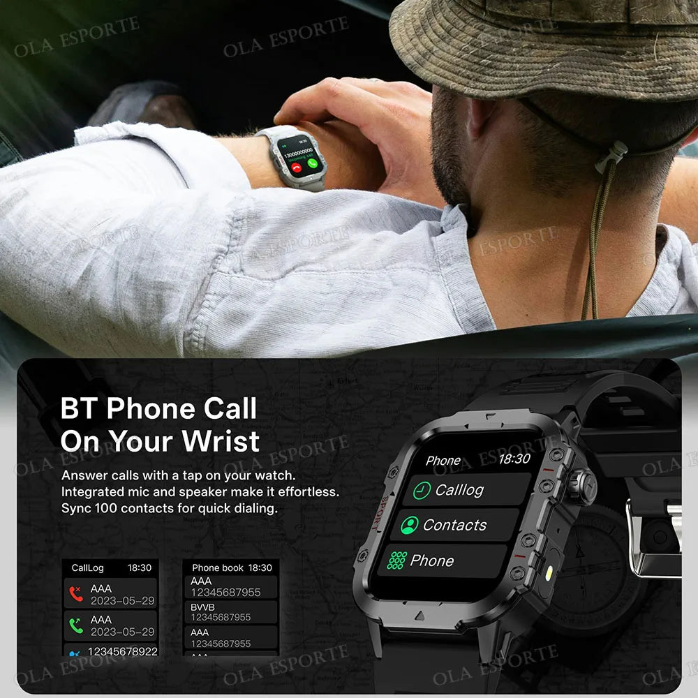 Ola Esporte Reloj Militar 2026 para hombre con pantalla HD 2.01", linterna LED y funciones Bluetooth, en color plateado.