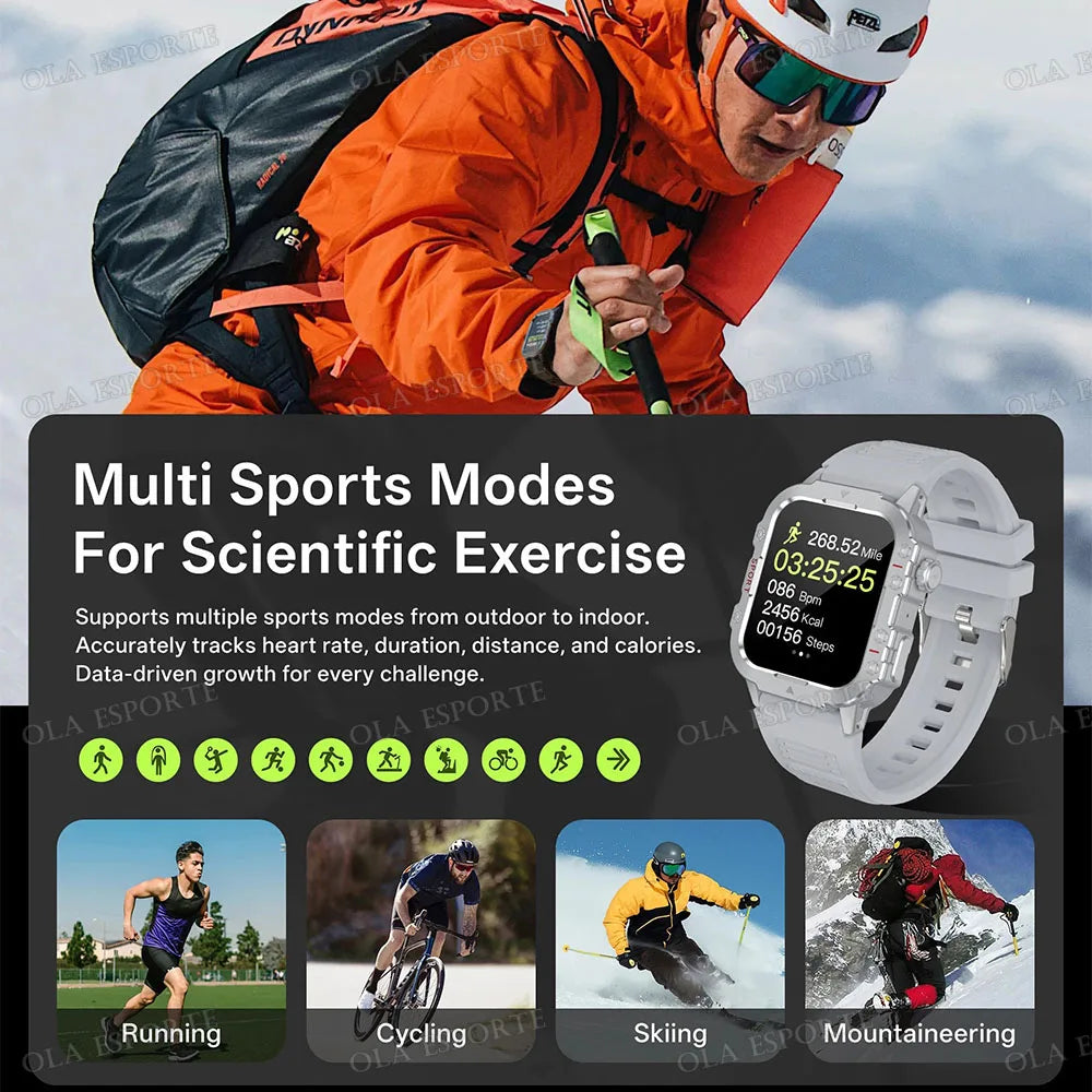 Ola Esporte Reloj Militar 2026 para hombre con pantalla HD 2.01", linterna LED, Bluetooth, en color plateado.