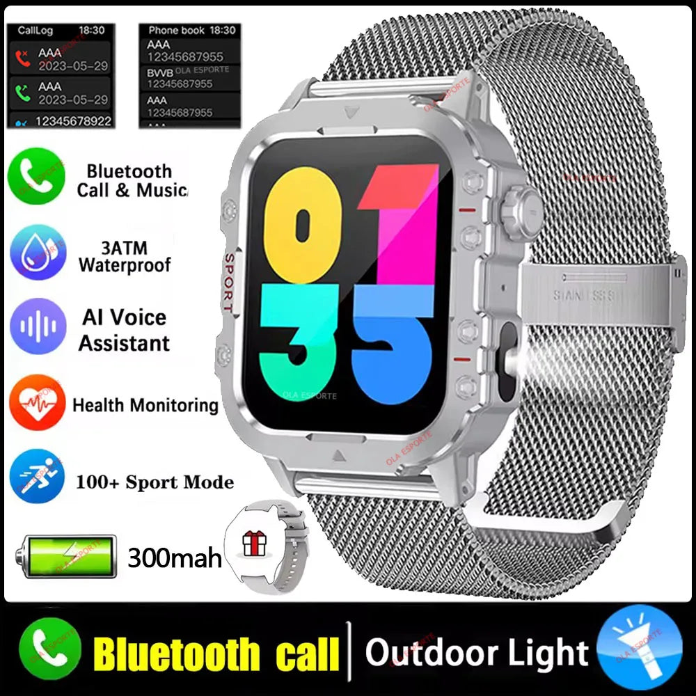 Ola Esporte Reloj Militar 2026 Hombre with 2.01" HD display, LED flashlight, and Bluetooth in silver, wearable electronic device.