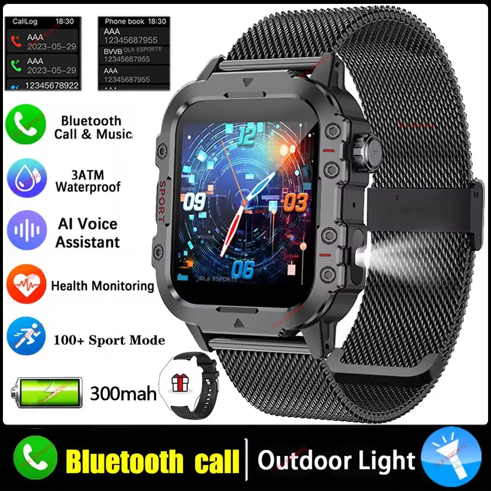 Ola Esporte Reloj Militar 2026 Hombre con pantalla HD 2.01" y linterna LED, mostrando la interfaz del reloj inteligente en color plateado.