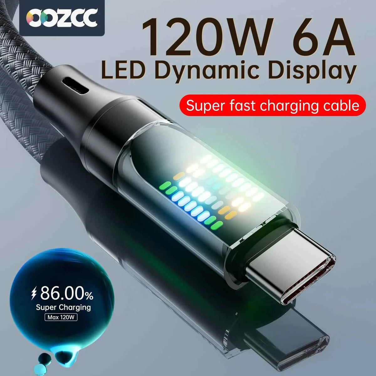 OOZCC USB C fast charging cable with LED indicator, 120W power, 6A current, designed for secure charging and data transfer.