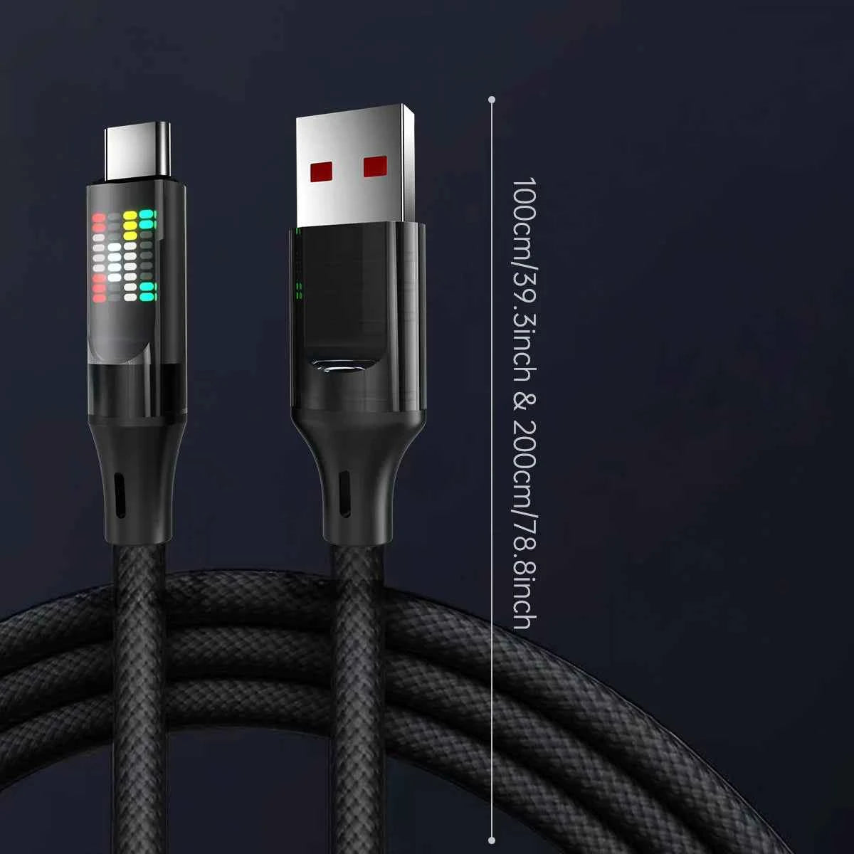 OOZCC USB C cable for fast 120W charging and data transfer, 2 meters long with LED indicator and secure connection.