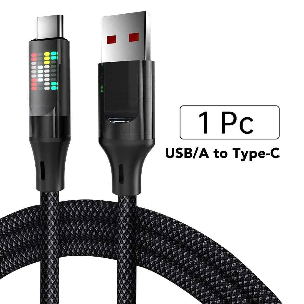 OOZCC USB C fast charging cable with LED indicator, 120W power, 6A current, for safe charging and data transfer.