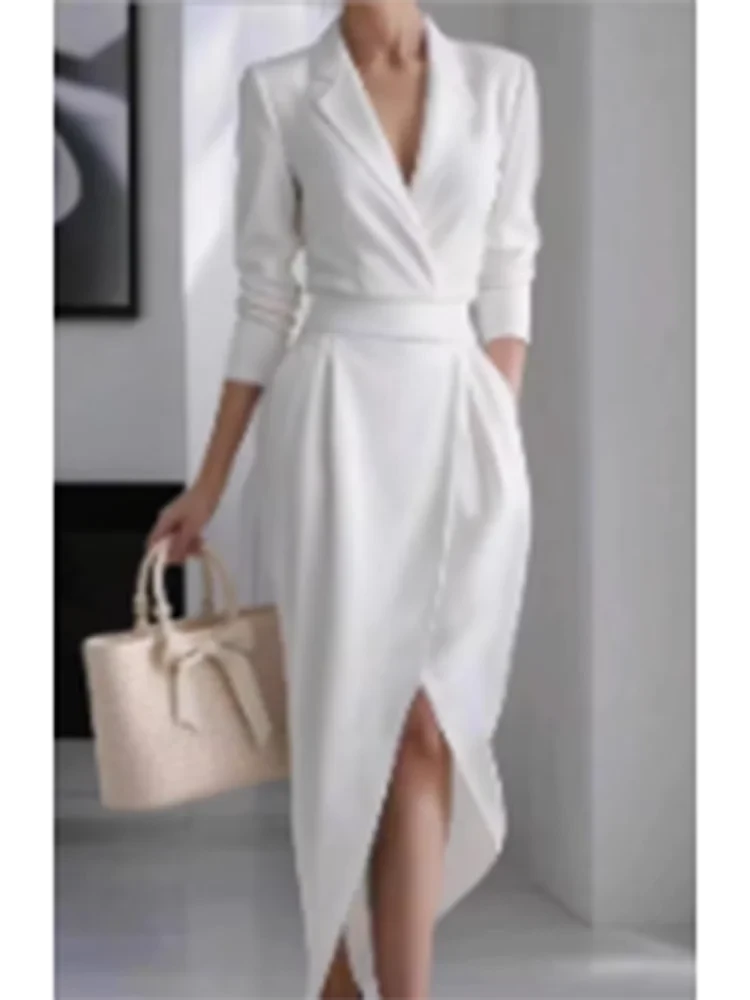 Elegant white office dress for women by Owner Girl with V-neck and long sleeves, perfect for casual or professional wear.
