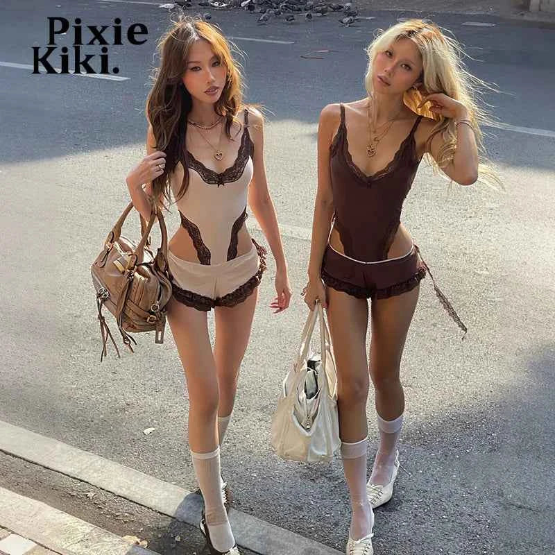 PixieKiki women's summer 2026 brown lace body and shorts two-piece set, stylish and comfortable for warm weather.