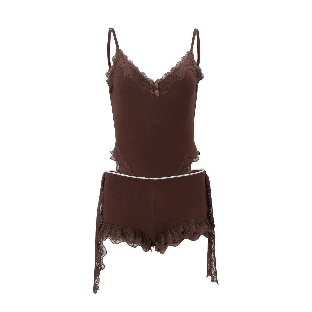 PixieKiki mujer summer 2026 beige lace body and shorts two-piece set, casual and stylish for warm weather.