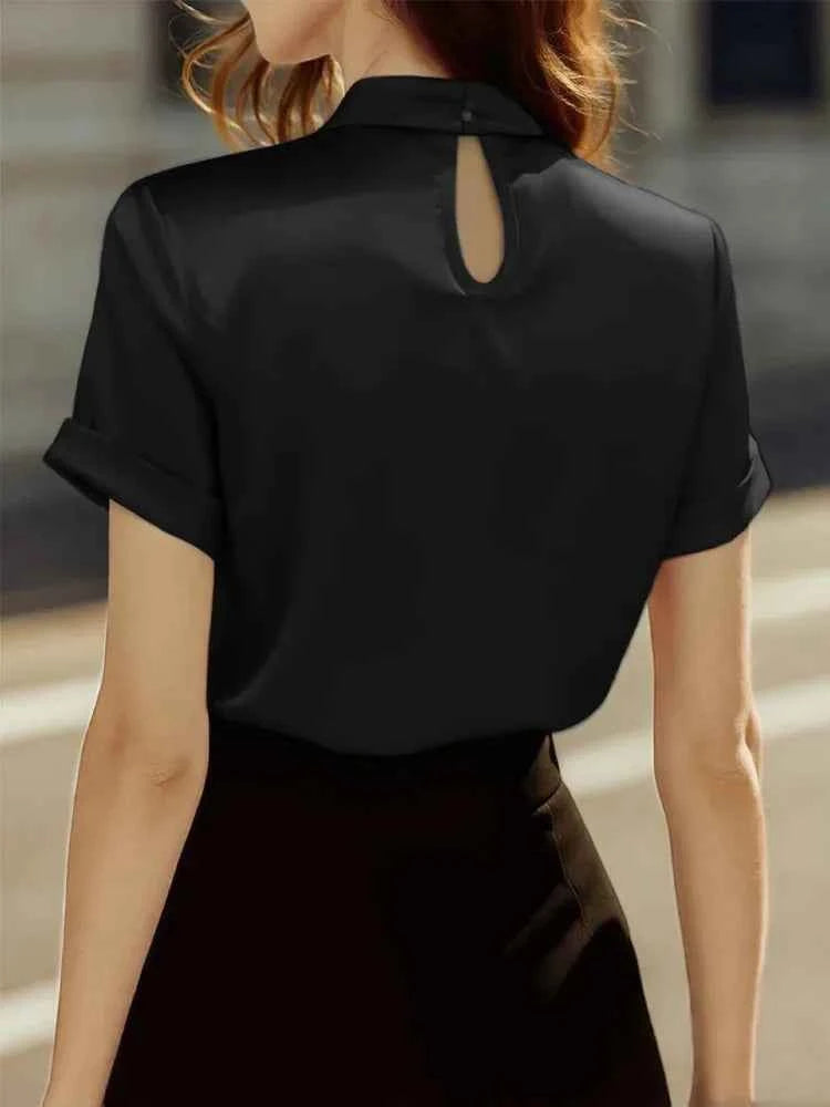Black short-sleeve elegant blouse for women from Potskie, suitable for office and casual wear, stylish and comfortable.