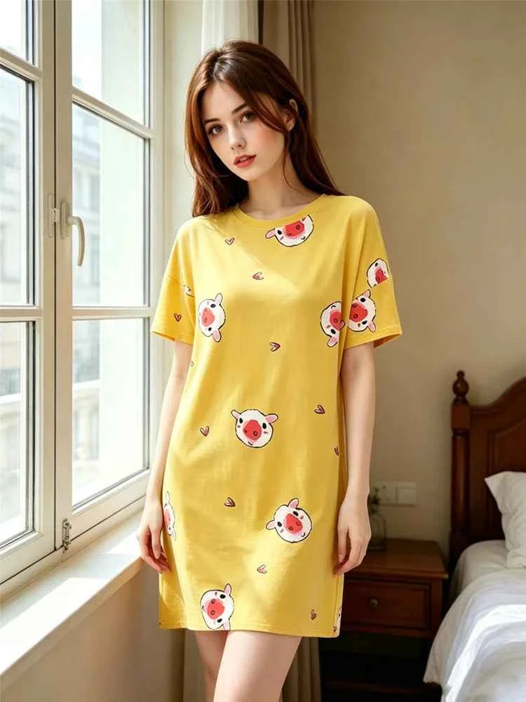 Qslziss cartoon print women's sleep shirt, soft and comfortable nightwear for all-year wear, casual and cozy loungewear.