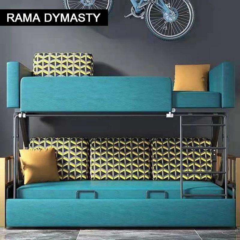 Modern Rama Dymasty sofa cama in yellow, 200-240cm, upholstered fabric, with sleek design and armrests for living room comfort.