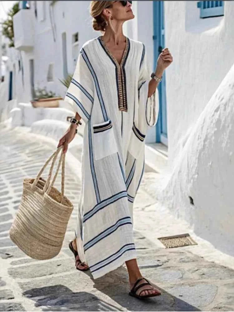 Beige bohemian striped casual maxi dress by RHJPEADL, oversized fit, perfect for summer and relaxed casual wear.