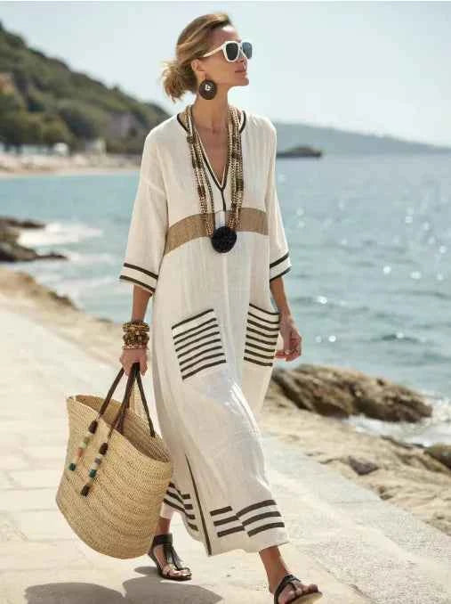 Large size RHJPEADL bohemian striped summer casual dress in beige, loose fit, perfect for relaxed warm-weather style.