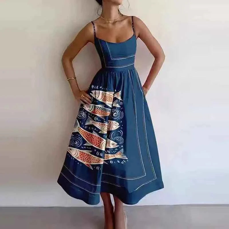 Elegant pink midi dress for women with thin straps and A-line cut, perfect for vacations and stylish summer outings.