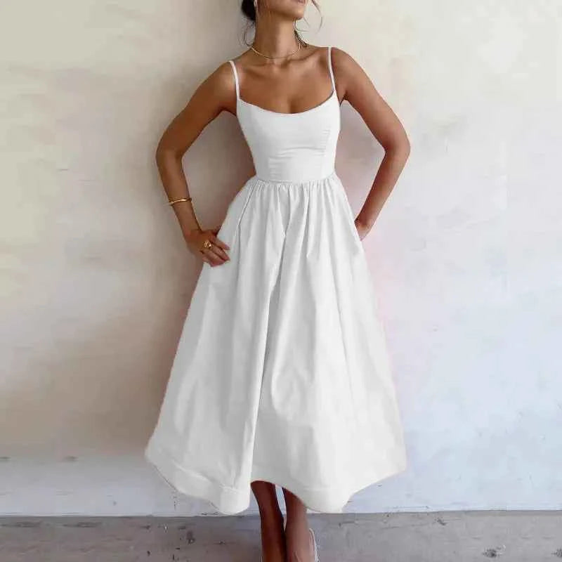 Elegant pink midi dress for women with thin straps and A-line design, perfect for vacation 2026, by RHJPEADL.