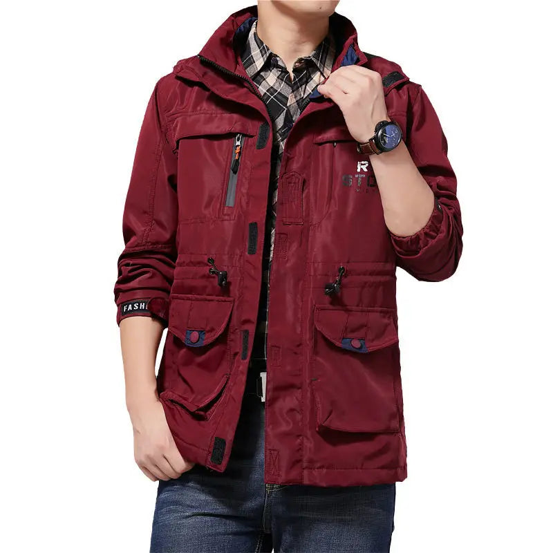 Rindu men's tactical R windproof waterproof jacket with hood, khaki color, ideal for hiking and outdoor activities.