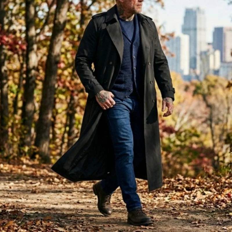 Black men's RVHSWDS long spring and fall windbreaker gabardina, lightweight and stylish for transitional weather.