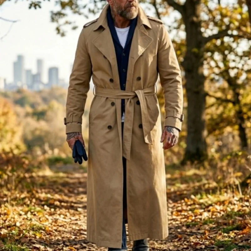 Black men's RVHSWDS long windbreaker coat, lightweight for spring and fall, made of water-resistant fabric for outdoor wear.