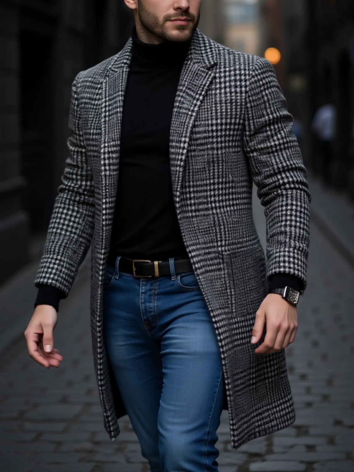 Men's thick plaid winter trench coat by RVHSWDS, warm and windproof men's overcoat with checkered pattern.