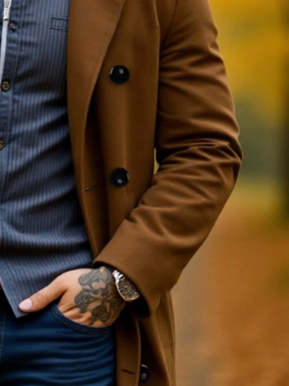 RVHSWDS men's black wool winter coat with double buttons, thick warm outerwear suitable for business and casual wear.