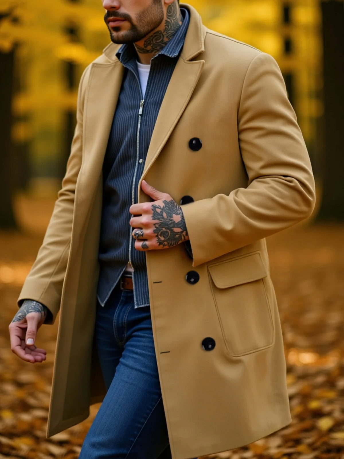 Black men's wool winter coat with double button closure, thick warm business outerwear by RVHSWDS.