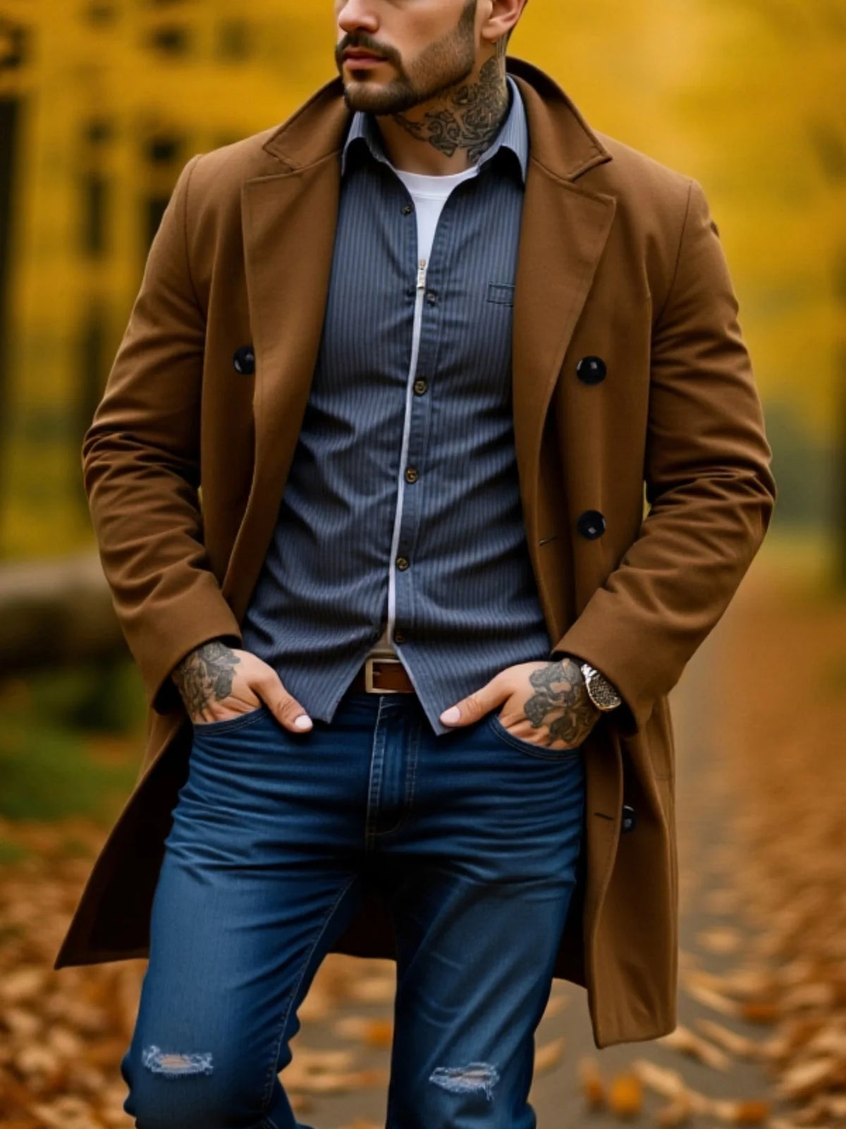 RVHSWDS men's black wool winter coat with double button closure, thick and warm for business or casual wear.