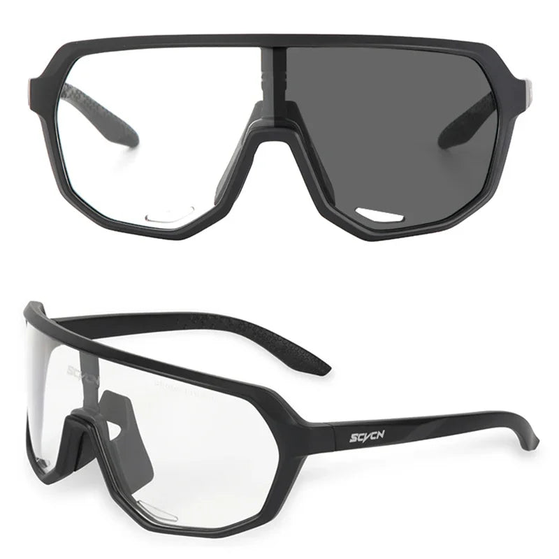 SCVCN polarized UV400 sport and cycling sunglasses with black frame and lenses, designed for active outdoor use.
