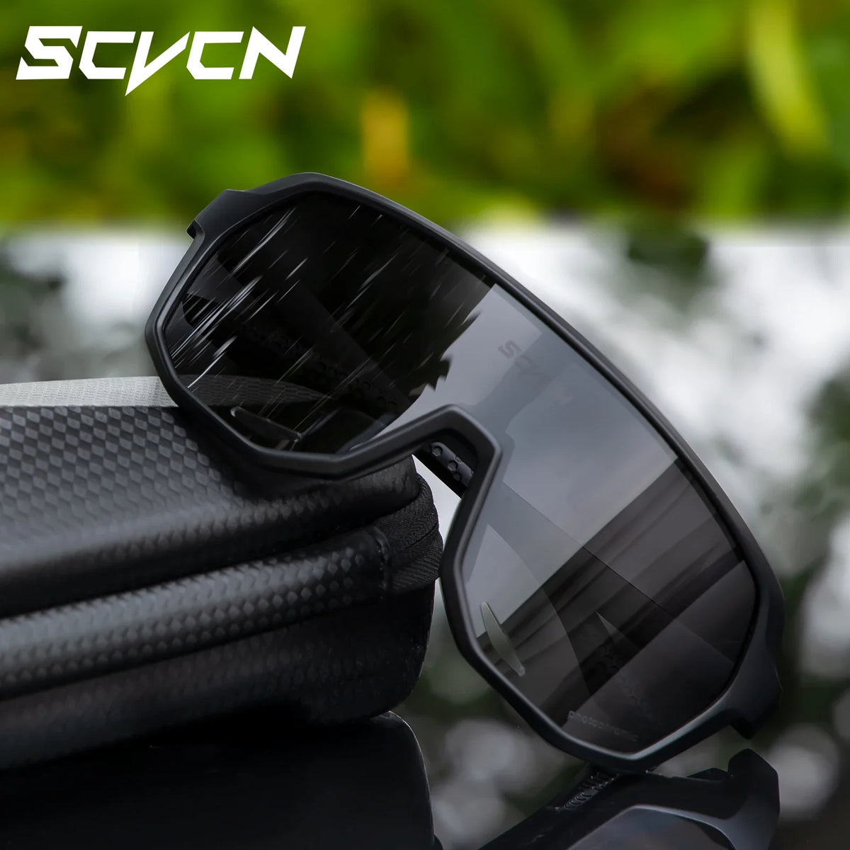 SCVCN UV400 polarized sports sunglasses with black frames and tinted lenses, designed for cycling and athletic activities.