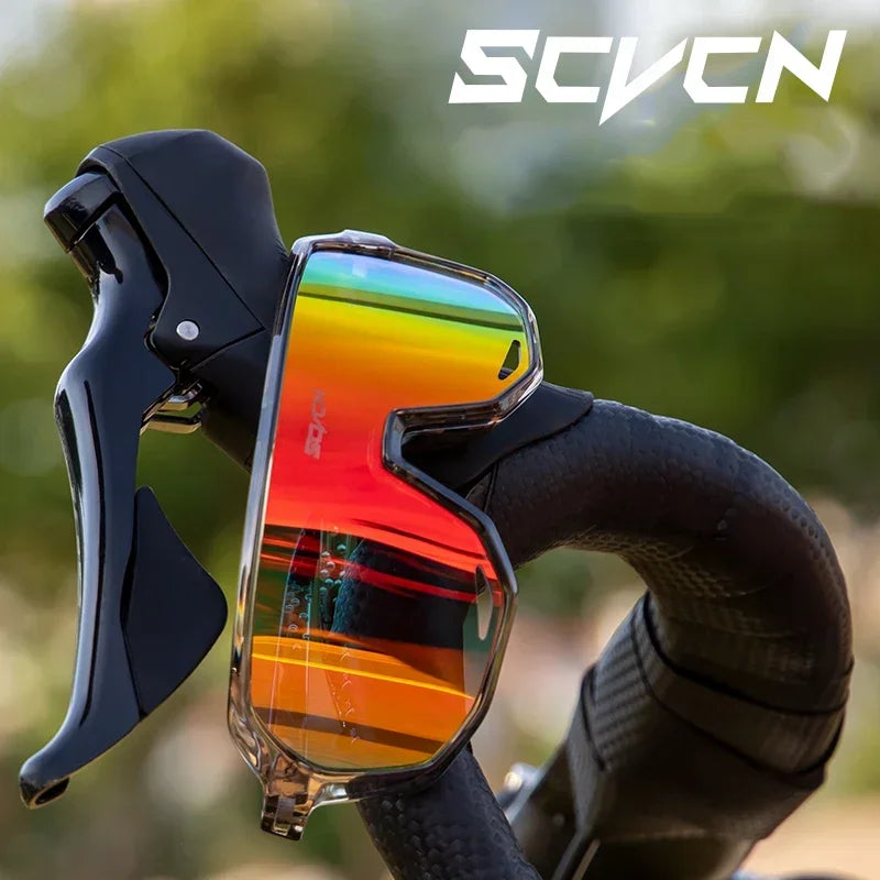 SCVCN UV400 polarized sports sunglasses for cycling and outdoor activities, with sporty black frames and tinted lenses.