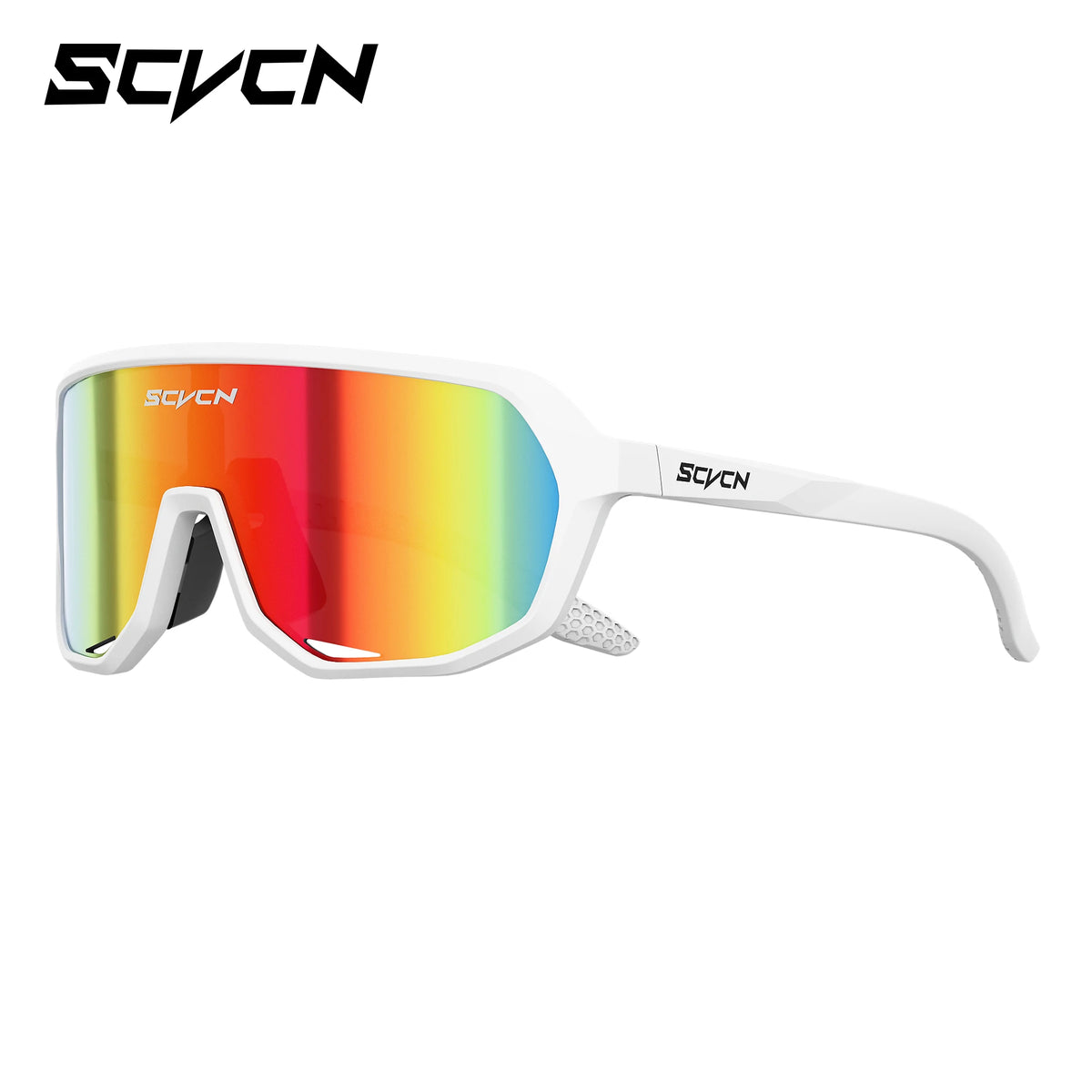 SCVCN polarized UV400 sports sunglasses for cycling and sports with sleek black frame and tinted lenses.